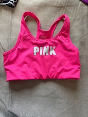 PINK Victoria's Secret Bright Hot Pink Racerback Sports Bra with White Logo